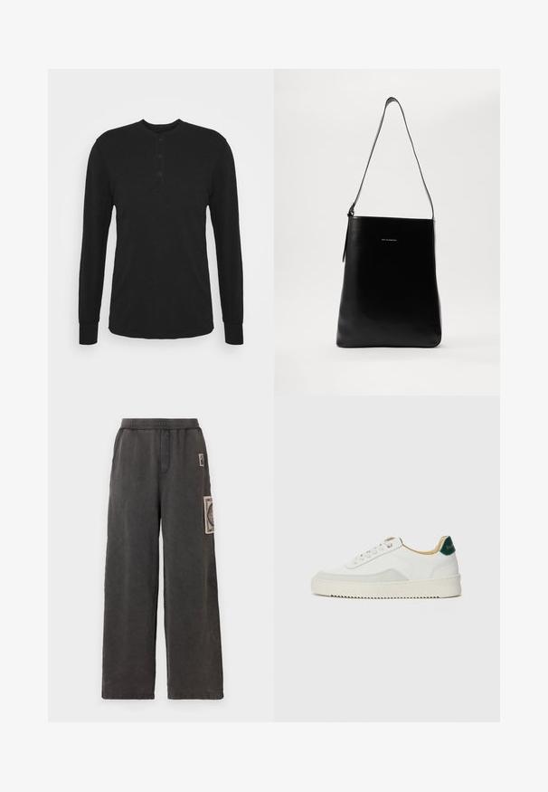 Camisa de manga longa preta com decote redondo, pala de três botões e punhos ajustados. Feita de um tecido suave com uma textura lisa.; Calças de perna larga em tecido cinza escuro, com um remendo decorativo no bolso frontal e uma cintura elástica para mais conforto.; Tênis brancos com detalhes em camurça, bico arredondado, atacadores planos e sola de borracha creme. Apresenta uma marcação verde no calcanhar.; Bolsa de ombro preta em couro com uma textura suave, forma retangular e uma alça longa; apresenta um pequeno logo branco ao centro.