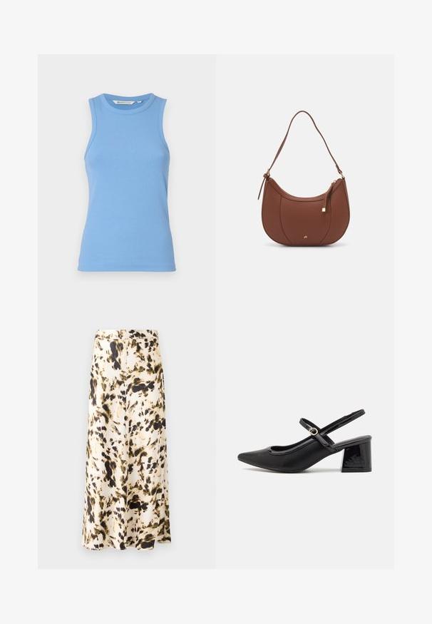 Světle modrý top bez rukávů vyrobený z ribbrované tkaniny, s kulatým výstřihem a přiléhavým střihem. Hladká textura bez viditelných vzorů.; Sukně ke kolenům z lehkého materiálu s abstraktním vzorem v béžové, hnědé a zelené. Má přiléhavý pás a splývavý design.; Černé lakované lodičky s otevřenou patou, špičatou špičkou, zaobleným střihem a blokovým podpatkem. Zdobené akcentem v zlatém tónu.; Hnědá kabelka přes rameno z umělé kůže s zakřiveným tvarem, minimálním prošíváním a zlatým kovovým akcentem. Disponuje vrchním zipovým uzavíráním a nastavitelným popruhem.