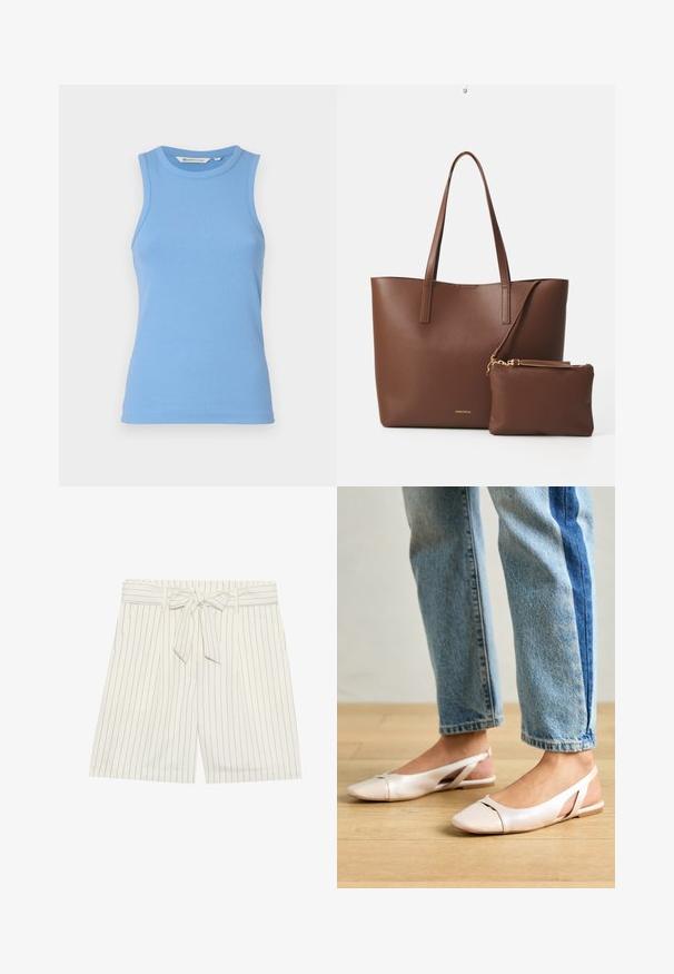 Světle modrý top bez rukávů vyrobený z ribbrované tkaniny, s kulatým výstřihem a přiléhavým střihem. Hladká textura bez viditelných vzorů.; Bílé šortky s proužky a pásem v pase. Tkanina má úzké tmavé pruhy a design zahrnuje sklady pro zvýraznění detailu.; Světle růžové slingback baleríny s špičatou špičkou, vyrobené z hladkého koženému materiálu. Obsahují vystřihovací detaily po stranách a plochý podpatek.; Hnědá taška z umělé kůže s dvěma dlouhými uchy a odpovídajícím malým pouzdrem. Povrch má texturovaný vzor a zlaté kovové prvky.