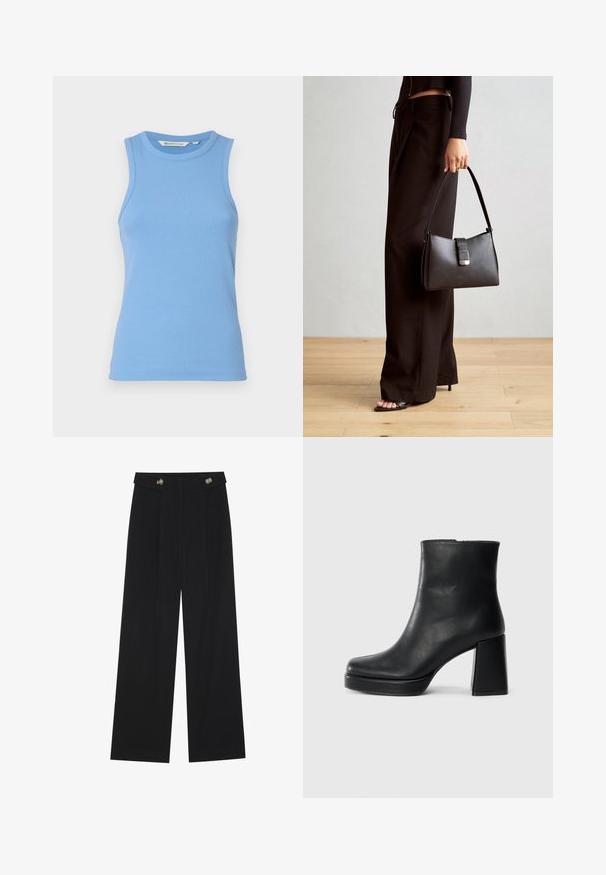 Vaaleansininen ilman hihoja oleva paita, joka on valmistettu ribbikankaasta. Siinä on pyöreä pääntie ja tiukka malli. Sileä pinta ilman näkyviä kuvioita.; Mustat leveälahkeiset housut, joissa on korkea vyötärö, napit vyötärönauhassa ja etupuolella laskokset.; Musta nahkasaapas nilkkapituisena, jossa on paksu korko ja alustapohja, nähtynä sivulta yksinkertaisella valkoisella taustalla.; Musta käsilaukku, jossa on rakenteellinen muoto, sileä pinta ja metallinen solki. Yhdistetty leveisiin mustiin housuihin ja avonaiheisiin sandaaleihin puulattialla.