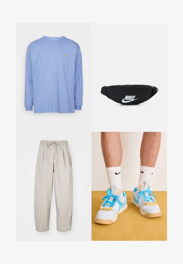 Carhartt WIP CHASE - Camiseta de manga larga - charm blue/gold; Pantalones ligeros color beige con cintura elástica y cordón de ajuste. Presentan pliegues y un corte holgado, elaborados con una tela suave y lisa.; Zapatillas azul claro con suelas marrón, que presentan cordones turquesa prominentes y acentos amarillos. Materiales texturizados y amortiguación de aire visible.; Riñonera negra de nailon con cierre con cremallera, que presenta un gran logo blanco de Nike. Textura suave y diseño ergonómico para un uso cómodo.