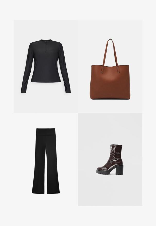 Black long-sleeve shirt made of smooth, lightweight material. Features a zippered neckline and a subtle logo on the chest.; Black pants with a wide-leg design, featuring a high waistband and side slits for ease of movement. Made from a smooth, stretchy fabric.; Glossy burgundy ankle boot with a chunky black heel, featuring a smooth texture and simple design. No visible fastenings or patterns.; Brown leather tote bag with a smooth texture, open top design, and two shoulder straps. Features minimal stitching and no visible hardware.