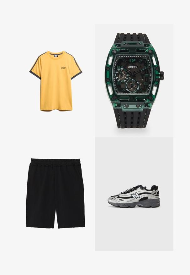 Gul bomulds T-shirt med grå accentstriber på ærmerne. Har et lille broderet logo på brystet og en rund halsudskæring.; Sorte bomuldsbukser med elastisk talje, to sidelommer, en afslappet pasform og rå kanter ved kanten for et afslappet udseende.; Sølv- og sorte atletiske sko med mesh-overdel, polstret sål, snørebåndsdesign og brandingdetalje på siden.; Guess ur med en rektangulær grøn plastikramme, sort tekstureret gummirem og flere skiver med fedte tal og accenter.