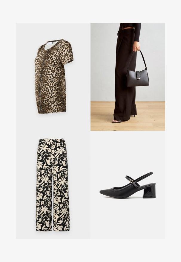 T-marškiniai leopardų raštu, su V formos iškirpte, trumpomis rankovėmis ir minkšta, tekstūrine medžiaga rudos ir auksinės spalvų atspalvių ant juodo fono.; Juodos plačios kojos kelnės su grietinėlės spalvos gėlių raštu. Pagamintos iš lengvos medžiagos, pasižyminčios lygiapass viršutine tekstūra ir aukštu liemeniu.; Juodi patentinio odos slingback aukštakulniai su smailiu pirštu, apvaliu išpjovimu ir blokiniu kulnu. Papuošti auksiniu juostos akcentu.; Juodas rankinė struktūrizuota forma, lygi tekstūra ir metalinis užsegimas. Suporuota su plačiomis juodomis kelnėmis ir atvirais bateliais ant medinių grindų.