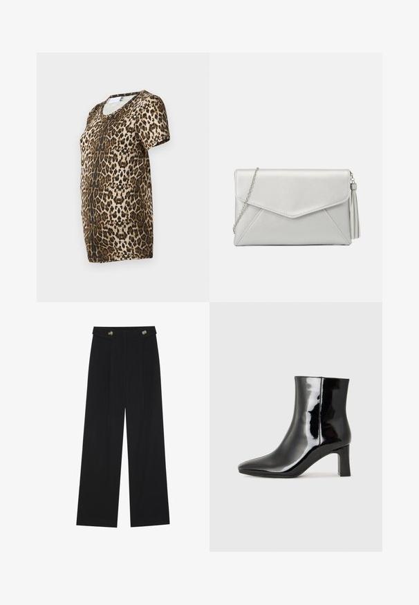 T-skjorte med leopardmønster som har V-hals, korte ermer og et mykt, teksturert stoff i brun og gull mot en svart bakgrunn.; Svart vide bukser med høy midje, knappdetaljer på midjebåndet og frontplisser.; Sorte patentlær ankle boot med spiss tå og en mellomhøy blokkhelt. Glatt tekstur og minimalistisk design.; Sølv syntetisk skinn clutch-veske med konvoluttdesign, kjedehåndtak og en duskdetalj på den ene siden, med vinklede sømmer.