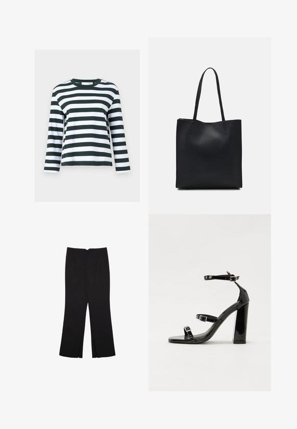 Maglietta a maniche lunghe con righe orizzontali verdi e bianche. Realizzata in cotone morbido, presenta un collo a giro e una vestibilità comoda.; Pantaloni neri a gamba dritta, con tasche frontali e spacchi laterali all'orlo. Realizzati in tessuto morbido e liscio. Adatti a diverse occasioni.; Sandali con tacco in vernice nera, con punta squadrata, cinturini alla caviglia e fibbie in argento. Presentano un tacco a blocco spesso per maggiore stabilità.; Borsa tote in pelle nera con texture liscia, forma rettangolare e due manici lunghi. Nessun hardware o decorazione visibile.