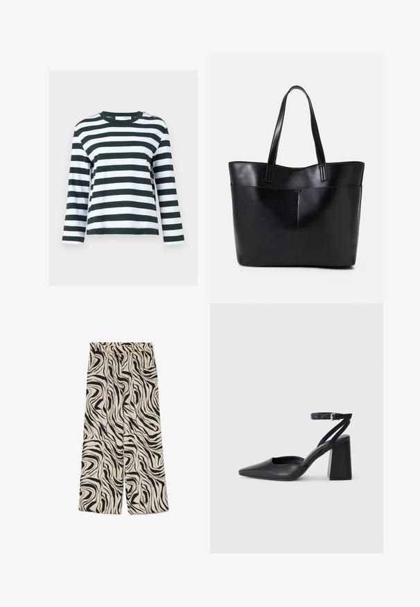 Ilga rankovė viršutinė su žaliais ir baltais horizontaliais dryžiais. Pagaminta iš minkštos medvilnės, turi apvalią kaklo iškirptę ir laisvą siluetą.; Pločios kojos kelnės kreminio fono su drąsiu juodu abstrakčiu zebro raštu. Su elastinga juosmens juosta ir lygia tekstūra.; Juoda odinė smailiagalė aukštakulnio bateliai su kulkšnies dirželiu ir storu kulnu. Lygus paviršius, elegantiškas dizainas ir minimalistiška estetinė. ; Juoda odinė rankinė su dviem ilgais diržais, lygiu paviršiumi ir struktūrizuota forma. Yra priekinė kišenė papildomam saugojimui.