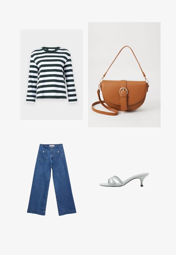 Dlhý rukáv s horizontálnymi pruhmi v zelenej a bielej farbe. Vyrobený z jemnej bavlny, má okrúhly výstrih a voľný strih.; Džínsy s širokými nohavicami v stredne modrej farbe, s dvoma prednými vreckami na gombíkovné zapínanie a šitými detailmi pozdĺž lemov.; Svetlo šedé sandále na podpätku s tromi krížovými popruhmi, štíhlym profilom a zužujúcim sa podpätkom. Hladká textura s mierne lesklým povrchom.; Hnedá kožená kabelka cez telo s zakriveným tvarom, zlatými kovovými doplnkami a akcentom s prackou. Obsahuje odnímateľný ramenný popruh.