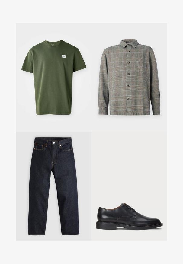 Olivovo zelené bavlnené tričko s okrúhlym výstrihom, krátkymi rukávmi a malou nášivkou na ľavej hrudi. Hladká textúra, voľný strih.; Košeľa s dlhým rukávom v béžovo-čiernej kárované vzoru, s golierom a prednou náprsné kapsou na jednolatom pozadí.; Tmavomodré džínsy s rovnými nohavicami, piatimi vreckami, kontrastným oranžovým prešívaním a gombíkovým zapínaním. Žiadne viditeľné vzory alebo ozdoby.; Čierne kožené spoločenské topánky s okrúhlym špičkou, šnurovacím dizajnom a nízkym zloženým podpätkom. Hladký povrch s minimálnymi švovými detailmi.