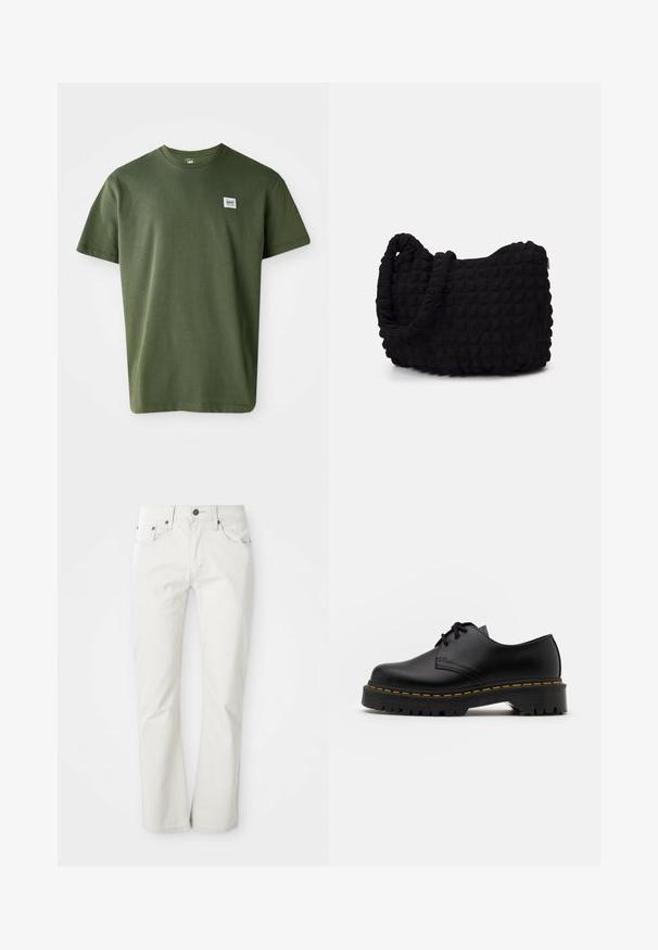 Olive green cotton t-shirt with a crew neck, short sleeves, and a small logo patch on the left chest. Smooth texture, relaxed fit.; Light-colored jeans made from cotton blend. Straight leg design with five-pocket styling and metal button closure. Smooth texture.; Black leather lace-up shoe with a rounded toe, textured rubber sole, and yellow stitching around the base. Flat design and smooth finish.; Black fabric bag with a textured, quilted pattern. Rounded shape, short, thick handles, and a soft, flexible structure.