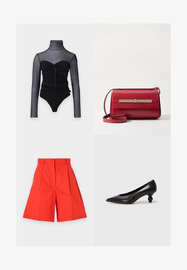 Zwarte bodysuit met een doorzichtige bovenkant met lange mouwen. Kenmerken zijn een hoge hals, geplooide details en een rits aan de voorkant. Glad materiaal met een aansluitend ontwerp.; Rode katoenen short met een hoge taille, voorzien van plooien en een wijd gesneden silhouet. Soepele textuur en strakke lijnen. Geen zakken of versieringen.; Zwarte leren hoge hak schoen met een spitse neus en een ronde, bolle hak. Gladde textuur met een elegant, minimalistisch ontwerp.; Stuart Weitzman POSH SHOULDER BAG - Schoudertas - cherry