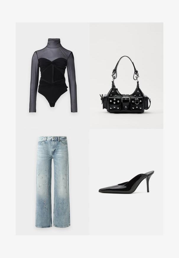 Body nero con parte superiore trasparente a maniche lunghe. Presenta un colletto alto, dettagli arricciati e una zip frontale. Tessuto liscio con un design aderente.; Jeans larghi di denim di colore azzurro chiaro, con un effetto sfumato e decorazioni di strass argentati disposti in un motivo verticale.; Mule in pelle patinata nera con tacco alto, punta affilata e silhouette elegante, dotato di apertura sul dietro e tacco a stiletto sottile.; Borsa a mano in pelle nera con design curvo, caratterizzata da borchie argentate, una fibbia e due tasche laterali. Tracolla regolabile per diverse opzioni di trasporto.