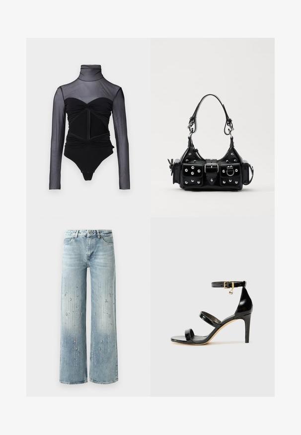 Mustmustel mustvalgusega bodysuit, millel on pikkad varrukad. Omab kõrget kaelust, volangdetailide ja esimest tõmblukku. Sile kangas, mis on lähedalt keha järgi vormitud.; Heledad helesinine laiade jalgadega teksad, millel on denimist valmistatud, graadiendiga värviefekt ja hõbedaste silmadega ääristused piki suunda.; Must musta nahk sandaal kolme rihmaga, pahkluu vööga ja 4-tollise stilettakontsaga. Omab kuldset detaili ja logovõtit.; Must värvi nahast käekott, millel on kaarjas disain, hõbedased nupukesed, kinnitusahe ja kaks külgtaskut. Reguleeritav rihm erinevate kandmisvõimaluste jaoks.