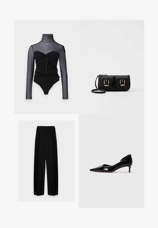 Black bodysuit with a sheer long-sleeve upper. Features a mock neck, ruched detailing, and a front zipper. Smooth fabric with a fitted design.; Black wide-leg trousers with a high waist, featuring pleats and a smooth texture. The fabric appears lightweight and drapes elegantly.; Black patent leather women's pointed-toe kitten heel shoe with low heel, shown in profile on plain light grey background.; Black leather crossbody bag with two front pockets, gold buckles, zipper closure, and a slim strap. Textured surface and compact rectangular shape.