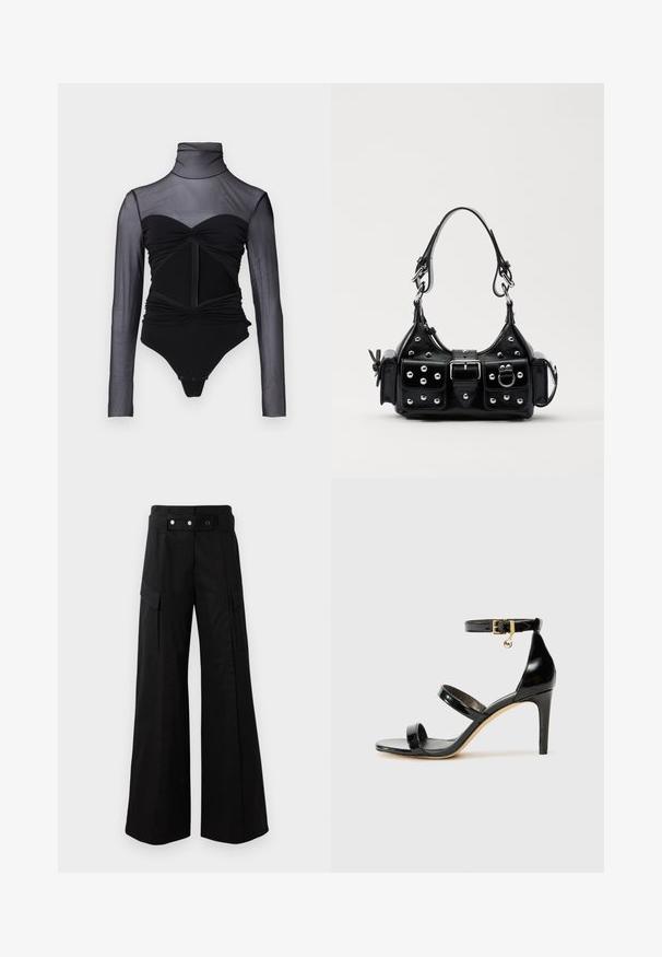Schwarzer Bodysuit mit einem transparenten Oberteil mit langen Ärmeln. Verfügt über einen Stehkragen, geraffte Details und einen Reißverschluss auf der Vorderseite. Glattes Material mit tailliertem Schnitt.; Schwarze weit geschnittene Hose mit hohem Bund, großen Seitentaschen, zwei vorderen Knöpfen und einer Schlaufen-Detail. Aus robustem Stoff gefertigt.; Schwarze Lackleder-Sandale mit drei Riemen, Knöchelriemen und 10 cm hohen Stiletto-Absatz. Verfügt über goldfarbene Hardware-Details und ein Logo-Charm.; Schwarze Lederhandtasche mit einem geschwungenen Design, verziert mit silbernen Nieten, einer Schnalle und zwei seitlichen Taschen. Verstellbarer Träger für verschiedene Tragemöglichkeiten.