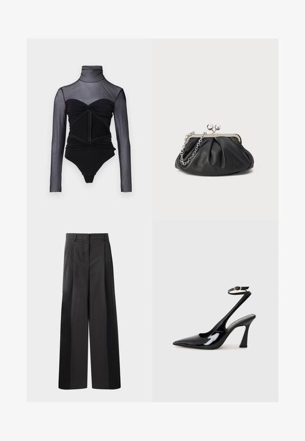 Melnas bodysuit ar caurspīdīgu garo piedurkni. Iezīmēts ar augsto kaklu, ručotu detaļu un priekšējo rāvējslēdzēju. Gluda auduma ar pieguļošu dizainu.; Melni platajā kājās bikses ar augsto jostasvietu, kas ar priekšējiem krokām, gludu tekstūru un pielāgotu apdari. Veidotas relaksētai piegrieztei.; Melnas patentā ādas augstpapēžu kurpes ar norādītu purngalu, regulējamu potītes siksniņu un mērenu bloku papēdi. Gluda tekstūra ar spīdīgu apdari.; Melnas ādas roku soma ar sakrautām tekstūrām, sudraba toņu metāla rāmis, skavas aizdare un ķēdes siksna. Gluda, maiga virsma.