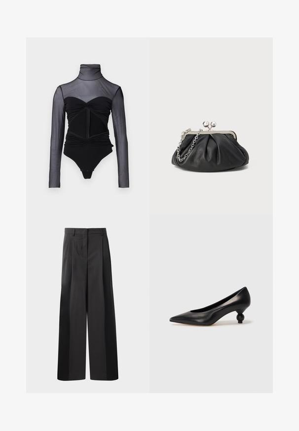 Body nero con parte superiore trasparente a maniche lunghe. Presenta un colletto alto, dettagli arricciati e una zip frontale. Tessuto liscio con un design aderente.; Pantaloni neri a gamba larga con vita alta, caratterizzati da pieghe frontali, una texture liscia e una finitura sartoriale. Progettati per un fit rilassato.; Scarpa con tacco alto in pelle nera, con punta affilata e tacco arrotondato e bombato. Texture liscia con un design elegante e minimalista.; Clutch in pelle nera con texture arricciata, cornice in metallo color argento, chiusura a scatto e tracolla a catena. Superficie liscia e morbida.