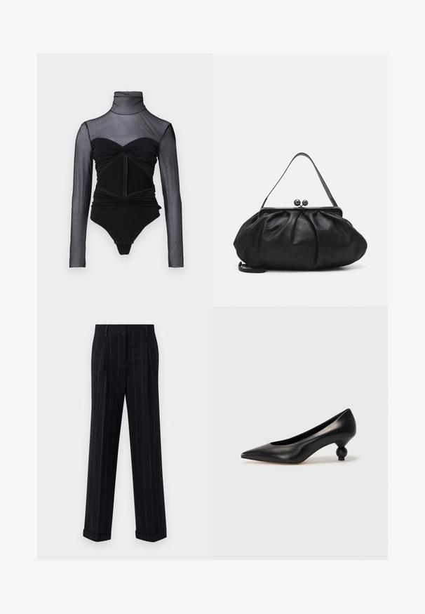 Black bodysuit with a sheer long-sleeve upper. Features a mock neck, ruched detailing, and a front zipper. Smooth fabric with a fitted design.; Black pinstriped trousers with a tailored fit, featuring a cuffed hem and front pleats. Made of smooth fabric with a structured design.; Black leather high heel shoe with a pointed toe and a round, balled heel. Smooth texture with a sleek, minimal design.; Black leather handbag with a rounded, pleated design. Features a metallic clasp with two decorative balls and a slim, detachable strap.