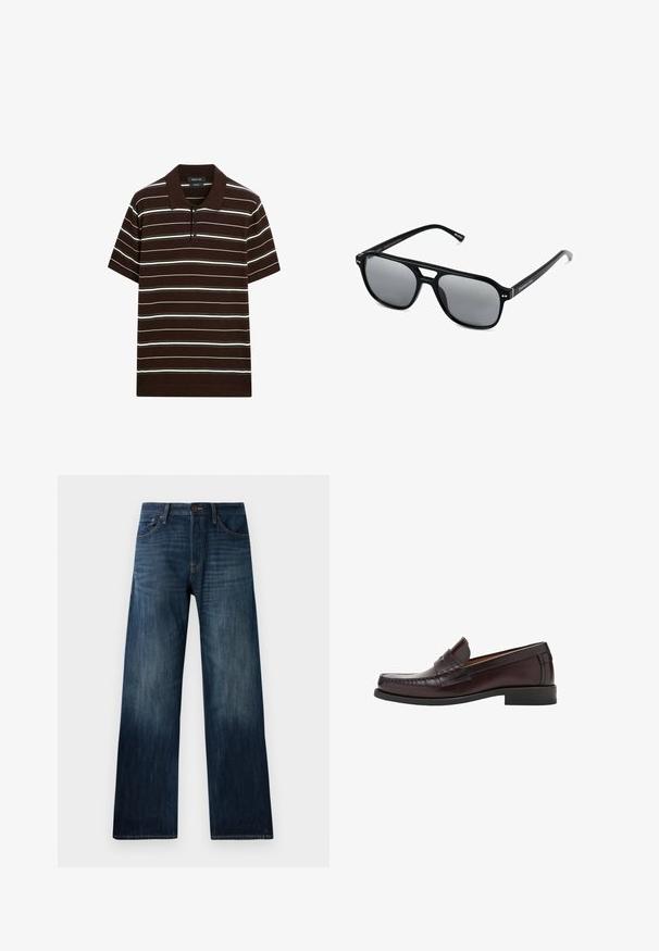 Bruine polo met korte mouwen, voorzien van witte en lichtgrijze strepen, een drie-knops sluiting en een platte kraag. Gemaakt van zachte stof met een comfortabele pasvorm.; Donkerblauwe spijkerbroek met een recht model, voorzien van een lichte stof, riemlussen en een klassieke vijf-pocket stijl.; Bruine leren instappers met een ronde neus, decoratieve stiksels aan de voorkant en een platte rubberen zool voor ondersteuning en duurzaamheid.; Zwarte zonnebril met rechthoekige montuur, grijs getinte glazen en een uitgesneden ontwerp bij de neusbrug. Strak, glanzend kunststof materiaal met smalle veren.