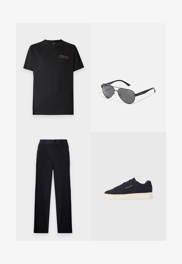 Must musta T-särk, millel on ümmargune kaelus ja lühikesed varrukad. Sellel on vasakul rinnal värviline graafika üksteisega kattuvate rõngastega.; Mustad püksid, millel on kerge, tekstuuriga kangas, sirge jala disain, elastne vöökoht ja küljetaskud sipsiga.; Tumedat sinine seemisnahast madala profiiliga tennis, valge tossutald, tumesinised paelad ning küljes kuldne "Filling Pieces" logo.; Mustad aviator-prillid tumedate läätsede, õhukese metallraami ja saledate plastikvarsadega, millel on logo aktsendid.