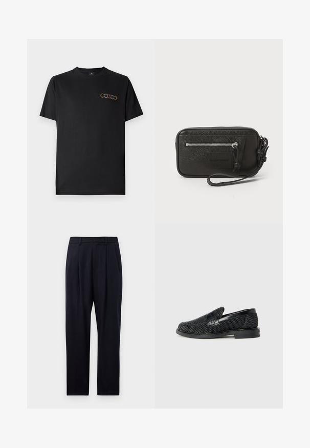 Černé bavlněné tričko s kulatým výstřihem a krátkými rukávy. Na levém prsu se nachází barevná grafika překrývajících se kroužků.; Námořnické modré kalhoty rovného střihu, s texturovanou tkaninou, dvěma předními sklady, poutky na opasek a zapínáním na zip.; Černé pletené nazouvací boty s hladkým koženým akcentem na svršku, kulatou špičkou a nízkoprofilovou gumovou podrážkou.; Černá kožená kabelka s texturovaným povrchem, přední kapsou na zip a odnímatelným zápěstním poutkem. Na přední straně se nachází logo. Obdélníkový tvar.