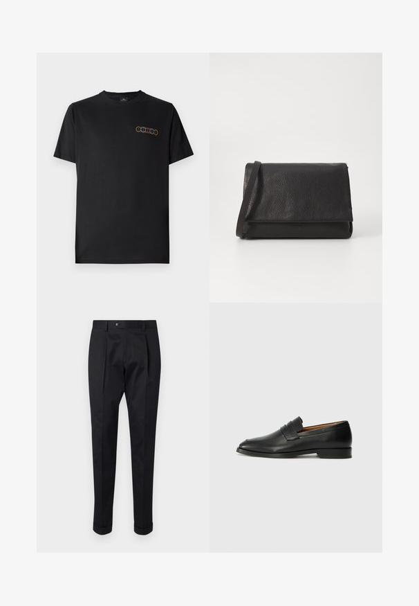 Melnā kokvilnas T-kreklā ar apaļu kakla izgriezumu un īsām piedurknēm. Uz kreisās krūtis ir krāsains grafiskais attēls ar pārklājošiem gredzeniem.; Melni bikses, izgatavotas no gludas auduma, ar uzkāpes priekšpusē, pogu aizdari un velkot piegriezumu pie potītes.; Melnas ādas loafers ar noapaļotu purngala formu, smalku izšuvumu un zemu papēdi, piedāvājot gludu tekstūru un minimālistisku dizainu.; Melnas ādas somiņa ar teksturētu virsmu, salocītu vāku un tievu plecu siksnu, kas raksturojas ar minimālistisku dizainu un bez redzamām detaļām.