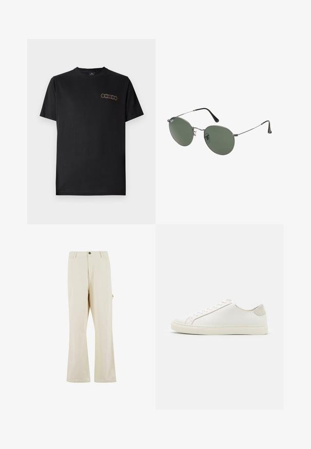 Sort bomulds T-shirt med rund hals og korte ærmer. Har et farverigt grafisk design af overlappende ringe på venstre bryst.; Beige, vide bukser lavet af en bomuldsblandingsstof med knaplukning. Har sidelommer og en subtil tekstur. Syningerne er synlige.; Hvide lædersneakers med en glat overflade, rund tå og minimalistisk design. Funktioner i beige nuancer på hælen og en gummisål.; Metalrammede solbriller med ovale grønne linser. Tynd sølvmetalramme og sorte ørepropper. Minimalistisk design, ingen synlige logoer.