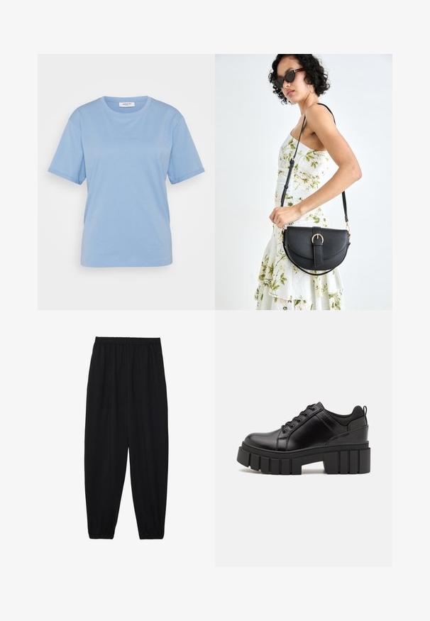 MSCH Copenhagen SMALL LOGO TEE - T-shirt - bas - azurine; Svarta, lätta byxor med elastisk midja och samlade ankleder. Tyget är slätt och har en avslappnad, avsmalnande design.; Svarta läderplattformsskor med en kraftig blockklack, rund tå och traditionell snörningsdesign. Har en slät textur och minimal detaljering.; Svart läderhandväska med en böjd form, avtagbar rem och guldiga detaljer. Väskan har ett lock med en spänndetalj.