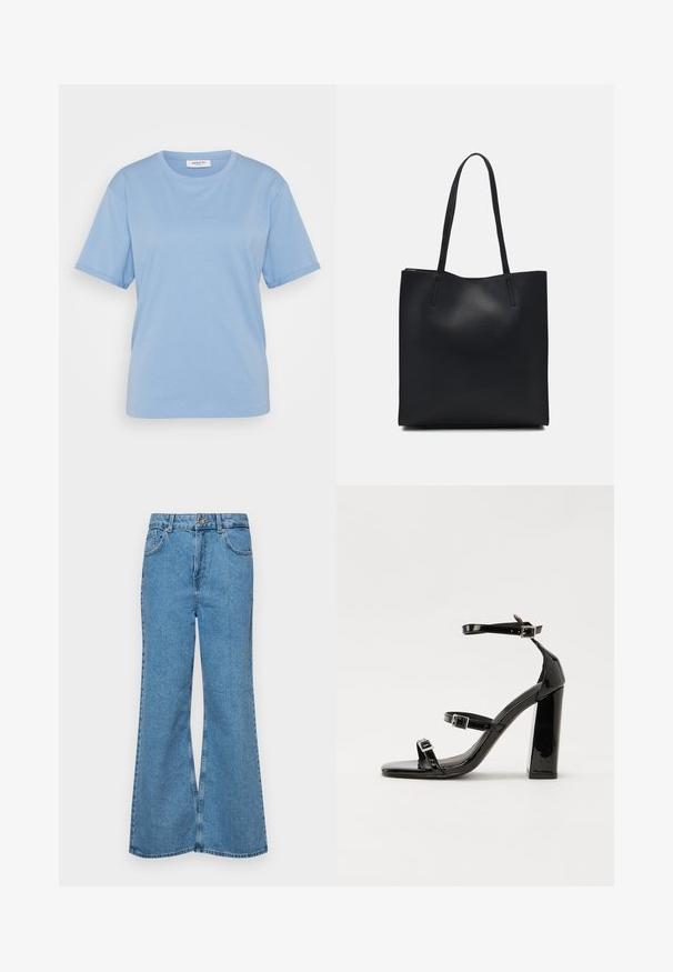 MSCH Copenhagen SMALL LOGO TEE - Základné tričko - azurine; Svetlomodré rozšírené džínsy vyrobené z denimu, s vysokým pásom, piatimi vreckami a jednopoložkovým zapínaním na gombík. Mäkká textúra s vyblednutým povrchom.; Čierne lakované sandále na podpätku so štvorcovou špičkou, navlečenými remienkami okolo členku a striebornými prackami. Disponujú masívnym blokovým podpätkom pre stabilitu.; Čierna kožená taška na rameno s hladkým povrchom, obdĺžnikovým tvarom a dvoma dlhými uchami. Bez viditeľného kovania alebo ozdôb.