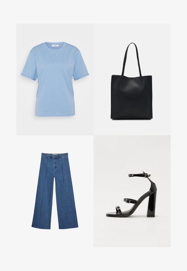 MSCH Copenhagen SMALL LOGO TEE - Navadna majica - azurine; Jeans širokih nogavic v srednji modri barvi, z visokim pasom, gumbom in kontrastnimi navpičnimi šivi spredaj.; Črne lakirane sandale s peto, kvadratnim prstom, trakovi okrog gležnja in srebrnimi zaponkami. Opremljene so s stabilno Debelo peto.; Črna usnjena torba s svilnato teksturo, pravokotne oblike in dvema dolgima ročajema. Brez vidnih metalnih delov ali okrasnih elementov.