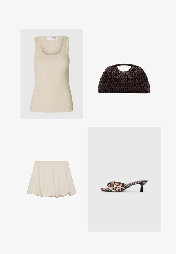 Beige ribbed tank top with a scoop neckline and broad shoulder straps. Made from soft fabric, featuring a fitted silhouette.; Cream-colored skirt with a soft, smooth texture, flared design, and a scalloped hem. Features a wide, elastic waistband for comfort.; Leopard-print mules with a low, black stiletto heel. Soft fabric upper featuring a knot detail at the front and a smooth, flat sole.; Woven brown handbag with a rounded silhouette, featuring a top handle and textured surface. Compact design with a flat base for stability.