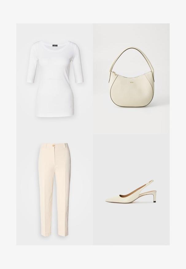 Hvit tilpasset t-skjorte med trekvartlange ermer, myk tekstur, rund halslinning og en siddekorasjon nær kanten.; Kremfargede, høy-taljede bukser laget av teksturert stoff. Har lukking med frontknapp og avsmalnende ben.; Sko med spiss tå og slingback i off-white skinn, med lav hæl og utskårent design, med en glatt tekstur og minimale detaljer.; Kremfarget håndveske med teksturert overflate, buet form, kort håndtak og gullfarget logo. Glidelås lukking på toppen.