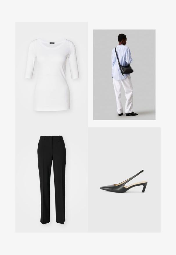 Baltas pritvirtintas marškinėliai su trimis ketvirtadaliais rankovėmis, minkšta tekstūra, apvaliu iškirpimu ir šonu akcentu arčiau apatinės dalies.; Juodi pritaikyti kelnių modeliai su tiesiomis kojomis, pasižyminčios lygiomis tekstūromis ir ryškiomis klostėmis priekyje. Nėra matomų detalių.; Juodas smailus slingback batelis su žemu kulnu, pagamintas iš lygaus odos paviršiaus ir su išpjovomis šone, užtikrinančiomis oro pralaidumą.; Juodas odinis petinis krepšys su minkšta tekstūra, trikampiu pavidalu ir reguliuojama juosta, derinamas su šviesiai mėlynu dryžuotu marškinėliu ir baltais džinsais.