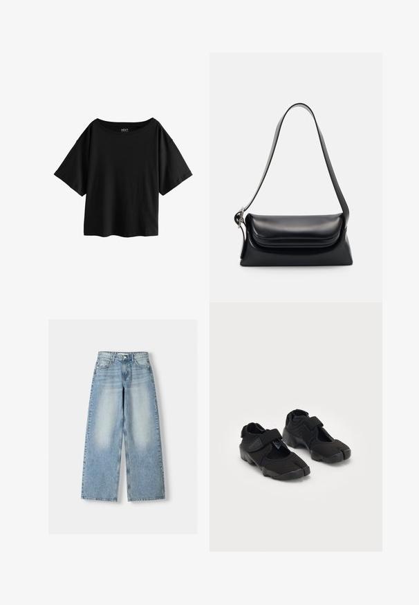 Čierne tričko s krátkym rukávom a širokým výstrihom, vyrobené z mäkkej bavlny, s uvoľneným, hranatým strihom a bez viditeľných vzorov.; Svetlomodré džínsy s širokými nohavicami a vysokým pásom, so zúženým vzhľadom, piatimi vreckami a rovnými nohavicami.; Čierne vodné topánky vyrobené z flexibilného materiálu s suchým zipsom, ktoré majú jedinečný dizajn s rozdelenými prstami a textúrovanú gumovú podrážku pre lepšiu priľnavosť.; Čierna kožená kabelka so štruktúrovaným tvarom, hladkou textúrou a jedným ramenným popruhom. Obsahuje jemný, zaoblený dizajn klapky.