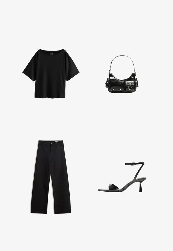 Fekete rövid ujjú póló széles nyakkivágással, puha pamut anyagból, laza, dobozszerű fazonnal, és nincs látható minta.; Fekete, bő szabású farmernadrág magas derékkal, elülső és hátsó zsebekkel, varrott felületekkel és gombos záródással. Sima textúra.; Bershka Magas sarkú szandálok - black; Fekete lakkbőr kézitáska ívelt formával, egy vállpánttal, elülső zsebekkel és ezüstszínű fémrészletekkel.