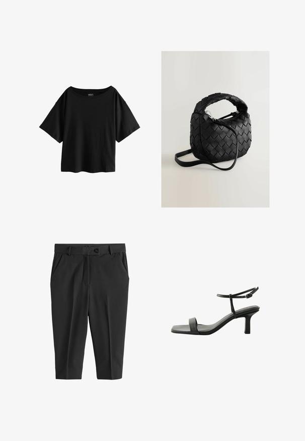 Juodas trumpomis rankovėmis marškinėliai su plačiu iškirpimu, pagaminti iš švelnios medvilnės, su laisvo, kubinio silueto ir be akivaizdžių raštų.; Juodi pritaikyti kelnių su priekinėmis klostėmis, mygtuko užsegimu ir šoninėmis kišenėmis. Lygus audinys, trumpas ilgis ir aptakus siluetas.; Next FOREVER COMFORT SIMPLE REGULAR FIT - Sandalai - black; Juodas pinamas odinis maišelis su apvalia forma, keliais nupintais užsegimais, užtrauktuku užsidarančia kišene ir reguliuojamu peties diržu. Tekstūruotas paviršius.
