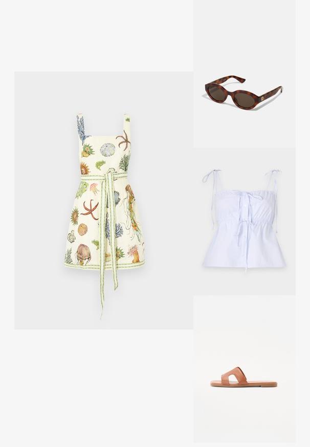 Gaiši zils svītrots kokvilnas tops ar regulējamiem saišu pleciem, ļausitā viduklī un priekšējo pogu aizdari. Gluda auduma ar gludu faktūru.; Alemais SEA MINI DRESS - Dienas kleita - cream; Brūnas ādas slidene ar atvērtu purngalu, plata siksna ar izgriezumiem, plakanā zole un gluda tekstūra.; Tortoise krāsas saulesbrilles ar noapaļotiem ietvariem, tumšiem stikliem un zelta logotipa detaļām uz tempļiem. Gluda plastmasas materiāls, bez redzamām rakstu formām.