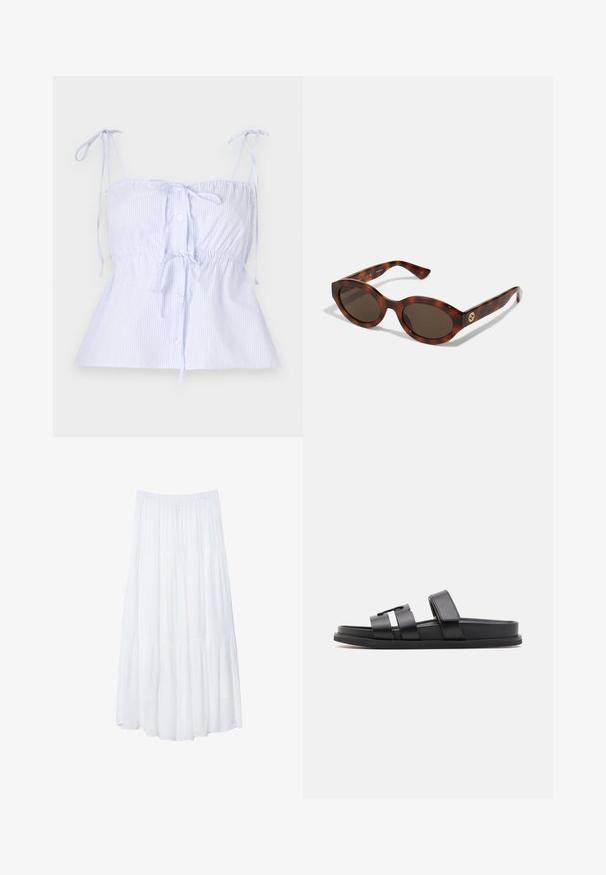 Lys blå stribet bomuldsbluse med justerbare snore, samlet talje og knaplukning foran. Slankt stof med en glat tekstur.; Brun hørbluse med krave, dyb V-hals og brede klokkeærmer. Har lodrette hvide striber og en afslappet, boxy silhouette.; Hvid, lagdelt maxiskørt lavet af letvægtsstof. Har en elastisk talje og en flydende design med blød, subtil tekstur.; Svarte slidesandaler med to brede remme og et minimalistisk design. Lavet af glat syntetisk materiale med en flad sål.; Skildpaddemønstret solbriller med runde rammer, mørke linser og gulds logo detaljering på stængerne. Glat plastmateriale, ingen synlige mønstre.