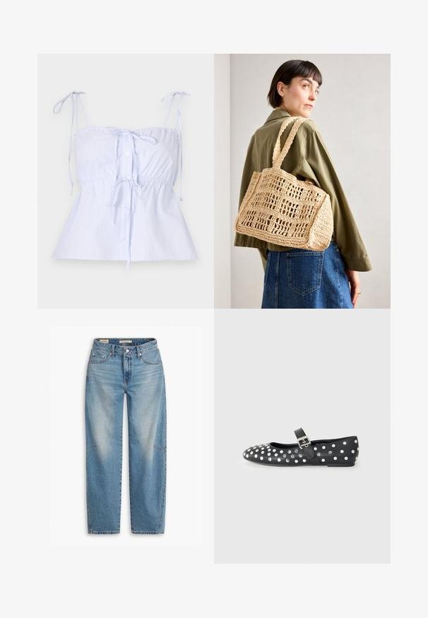 Svijetloplavi pamučni top sa prugama, s podesivim vezicama, nabrane strukom i prednjim kopčanjem na dugmad. Glatka tkanina s mekom teksturom.; Svetlo modri visokotonirani kavbojki, ki imajo ravno nogo, klasičen pet-džepni stil in subtilno zbledelost na sprednjih panelih.; Črna usnjena balerinka s okroglo nosom, okrašena s srebrnimi žebljički v pikčasti zasnovi in pasom z zaponko čez nart.; Pletena torba iz naravnih vlaken v tan barvi, pravokotne oblike, z dvema širokima ročajema in odprto mrežno strukturo. Oblikovanje vključuje teksturirano tkanino in prostoren notranji prostor.