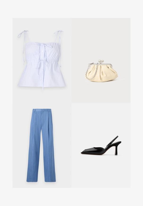 Šviesiai mėlynas juostuotas medvilnės marškinėlis su reguliuojamomis rišimo rankovėmis, susirinkusia juosmena ir priekiniais mygtukais. Lygus audinys su sklandžiu paviršiumi.; Šviesiai mėlynos plačios kojų kelnės su vertikaliomis baltomis juostelėmis. Pagamintos iš lygaus audinio, turi priekinę raukšlę ir švarų juosmens dizainą.; Juodas odinis slingback kulnas su smailiu nosiu, minimalizmo stilius, plonas kulkšnies dirželis ir elegantiškas stiletto kulnas. Lygus paviršius.; Plyšiniai smėlio spalvos odiniai rankinukai su sidabriniu metaliniu rėmu, turintys du apvalius dekoratyvinius užtrauktukus ir sidabrinę grandinėlę.