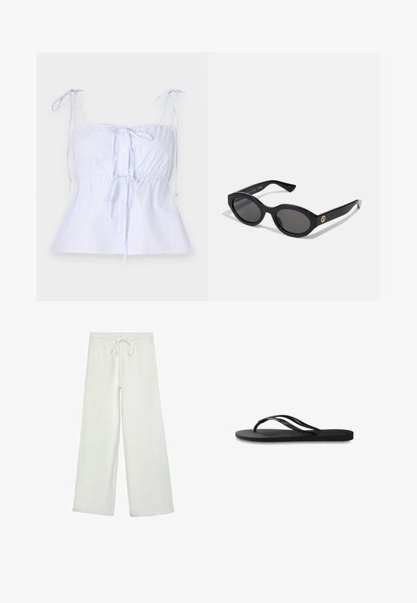 Lys blå stribet bomuldsbluse med justerbare snore, samlet talje og knaplukning foran. Slankt stof med en glat tekstur.; Hvide bukser med bred ejer lavet af blødt stof. Har en elastisk talje med snor og en glat tekstur. Ingen synlige mønstre eller hardware.; Sorte flip-flop med en tekstureret gummisål, to slanke stropper og et subtilt, præget logodetalje på stroppen.; Sorte ovale solbriller med mørke linser og blank plastramme. Har et guldlogo på stykket, hvilket giver et slankt og moderne design.