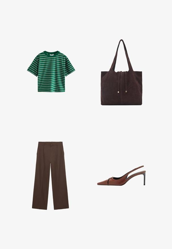 Zelené tričko s krátkym rukávom s horizontálnymi pruhmi v bielej, žltej a modrej farbe. Vyrobené z jemnej bavlny s okrúhlym výstrihom.; Hnedé široké nohavice vyrobené z hladkej látky, s vysokým pásom, prednými záhybmi a dvoma bočnými vreckami.; Hnedé kožené sandále na podpätku so špicatou špičkou, výrezom na priehlavku a elegantným stiletto podpätkom. Hladká textura.; Mango Veľká kabelka - dark brown