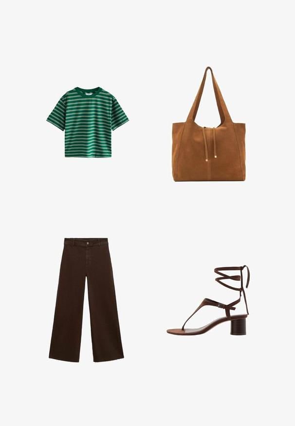 Tricou verde cu mânecă scurtă, prezentând dungi orizontale în alb, galben și albastru. Fabricat din bumbac moale, cu decolteu rotund.; Pantaloni largi maro dintr-un amestec de bumbac, cu un tiv desfăcut, închidere cu buton frontal și un design clasic cu cinci buzunare. Minimalist și versatil.; Sandale cu toc înalt din suede maro, cu o curea triangulară pentru degete, legături la glezne și un toc bloc texturat pentru stabilitate.; Geantă tote din suede maro cu două mânere lungi, închidere prin șnur și un design minimalistic. Textură netedă și fără accente vizibile de hardură.