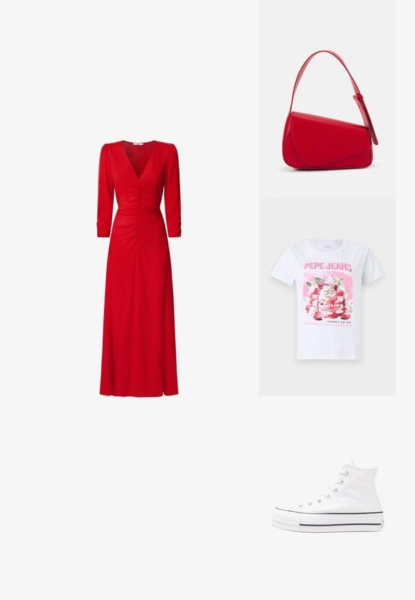 Balta medvilninė marškinėlių su spalvinga ledų grafika, kuriame yra vyšnios ir rožinė fono. Tekstas skaito "PEPE JEANS" ir "SWEET AS PIE."; Raudona suknelė su V formos iškirpte, trimis ketvirtadaliais rankovėmis ir susiraukšlėjimo detalėmis juosmens ir nugaros srityse. Audinys atrodo lygus ir lengvas.; Balti aukštakulniai drobės sportbačiai su juodu guminio pado, priekinio guminio piršto dangteliu ir šešiais akytėmis raištams, pasižymintys švariu, minimalistiniu dizainu.; Raudona odinė rankinė su kampuota, geometrine forma. Pasižymi viena reguliuojama dirželiu ir dangteliu su siuvinėtais dekoracijomis.