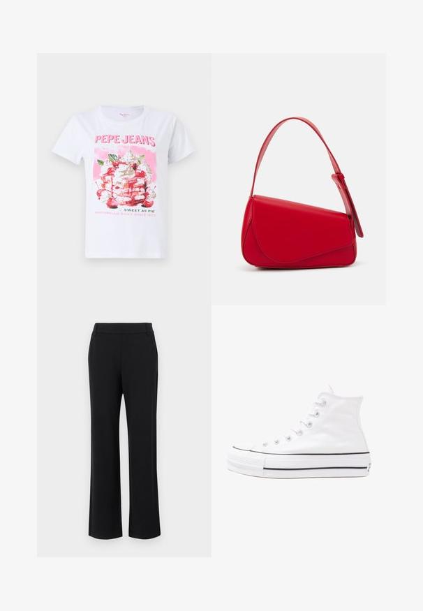 Balta kokvilnas T-kreklu ar krāsainu saldējuma grafiku, kurā ir ķirsīši un rozā fons, teksts lasāms "PEPE JEANS" un "SALDS KĀ PĀRSLAS".; Melnas, izplešas bikses ar gludu tekstūru, vidēji augstu jostasvietu un sānu kabatām. Vienkāršs dizains bez rakstiem vai dekorācijām.; Balti augstie kanvas sporta apavi ar melnu gumijas zoli, priekšējo gumijas purngalu un sešām acīm lencēm, kuriem ir tīrs, minimālistisks dizains.; Sarkans ādas rokassomi ar stūrainu, ģeometrisku dizainu. Iekļauj vienu regulējamu siksnu un vāku ar izšūtu detaļu.