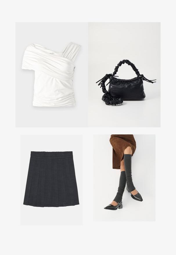 Haut blanc à épaules dénudées fabriqué en tissu doux et extensible. Caractérisé par une texture froncée et une large bretelle unique d'un côté. Fini lisse.; Jupe plissée gris foncé avec une taille élastique, dotée d'un tissu texturé et d'une silhouette A-line classique. Convient pour une tenue décontractée.; Chaussures à bout pointu en cuir verni noir avec un talon bloc et une bride à la cheville, accompagnées de jambières en maille grise et d'une jupe en daim marron.; Sac à main en simili cuir noir avec une texture crocodile, un dessus resserré et une sangle froncée. A l'apparence douce et compacte.