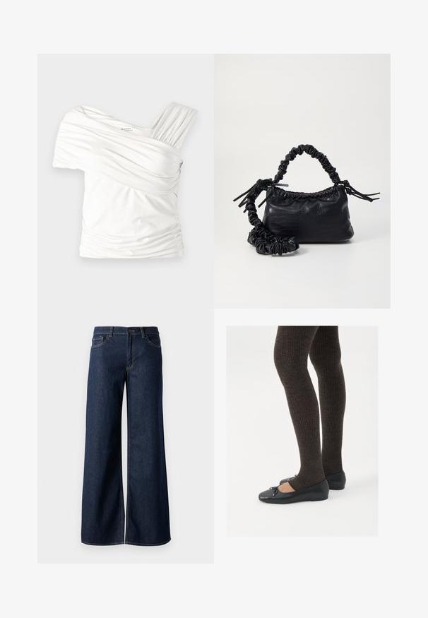 Fehér vállra húzható felső, puha, rugalmas anyagból készült. Ráncolt textúrával és egy széles pánttal rendelkezik az egyik oldalon. Sima felület.; Sötét kék farmer széles lábú nadrág. Kontrasztos varrással, öt zsebhálóval és gombos derékzárással rendelkezik. Simás textúra.; Fekete lapos cipők kis masni díszítéssel az orrán, sötétbarna bordázott harisnyával párosítva. A cipők sima textúrával és alacsony profilúak.; Fekete műbőr kézi táska krokodil bőr textúrával, összehúzható tetejű és gyűrt pánttal. Lágy és kompakt dizájnúnak tűnik.