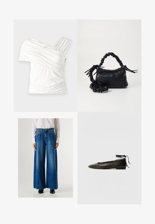 Weißes, schulterfreies Oberteil aus weichem, dehnbarem Stoff. Verfügt über eine geraffte Textur und einen breiten Träger auf einer Seite. Glatte Oberfläche.; Blaue Schlagjeans mit hoher Taille, aus Denim gefertigt, mit Fronttaschen und Knopfverschluss. Glatte Textur mit klassischer Waschung.; Schwarze Leder-Ballerinas mit spitzem Zehenbereich, Knöchelband und flacher Sohle, die eine glatte Textur und ein minimalistisches Design aufweisen.; Schwarze Handtasche aus Kunstleder mit Krokodilstruktur, gerafftem oberen Teil und einem geschoppten Tragegurt. Sie wirkt weich und kompakt im Design.