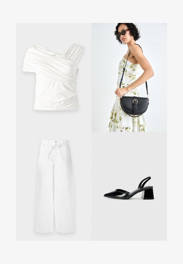 Haut blanc à épaules dénudées fabriqué en tissu doux et extensible. Caractérisé par une texture froncée et une large bretelle unique d'un côté. Fini lisse.; Pantalons larges blancs en coton, dotés d'une taille à cordon de serrage, fermeture à un bouton et poches avant. Texture lisse, sans motifs.; Escarpins en cuir verni noir avec bout pointu et talon bloc géométrique. Présente un design élégant et minimaliste ainsi qu'une texture lisse.; Sac à main en cuir noir avec une forme courbée, bandoulière amovible et des accessoires en or. Le sac est doté d'un rabat avec un détail de boucle.