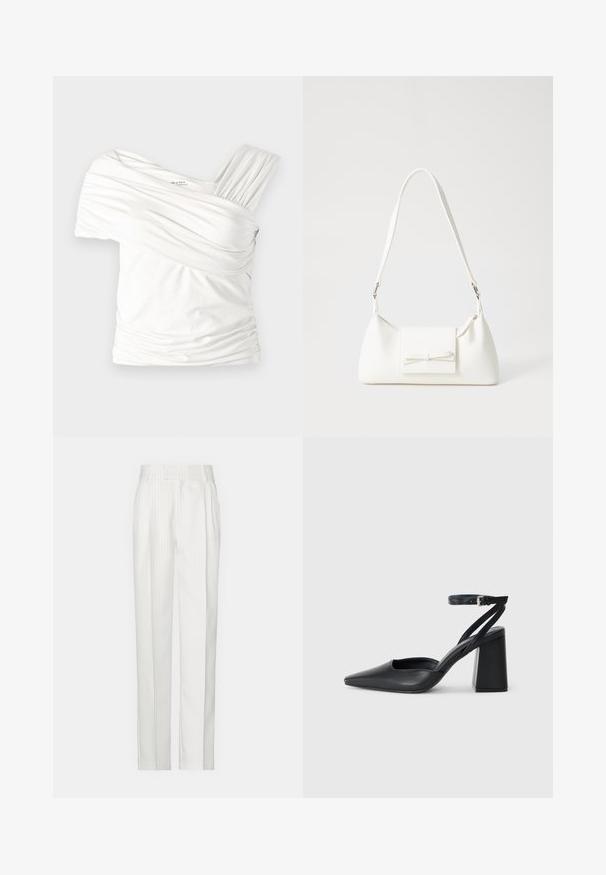 Weißes, schulterfreies Oberteil aus weichem, dehnbarem Stoff. Verfügt über eine geraffte Textur und einen breiten Träger auf einer Seite. Glatte Oberfläche.; Weiße Nadelstreifen-Hosen mit geradem Bein, aus leichtem Material gefertigt. Verfügt über Falten an der Vorderseite und einen traditionellen Taillenbund.; Schwarze Leder-Pumps mit spitzer Zehe, einem Knöchelriemen und einem blockigen Absatz. Flache Textur, elegantes Design und minimalistische Ästhetik.; Weiße synthetische Handtasche in dreieckiger Form, flache Vorderklappe und Schleifendetail, verstellbarer Trageriemen, glatte Textur und minimalistisches Design.